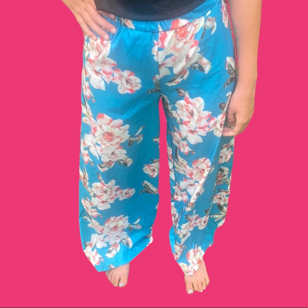 Floral print silky Boho elastic waist wide leg pants
